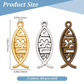 WEBEEDY 180 Pcs Fish Charms Alloy Christian Fish Shaped Tibetan Pendants Bulk Vintage Hollow Fish Animal Charms for Easter DIY Bracelet Necklace Keychains Jewelry Making,3 Colors