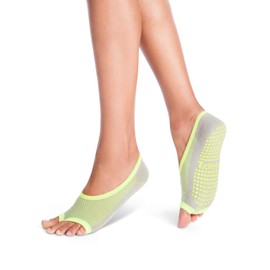 Tucketts Ballerina Toeless Non-Slip Grip Socks, Made in Colombia, Ballet Flat Style Perfect for Barre, Pilates, One Size Fits Most, 1 Pair, Grey & Lime