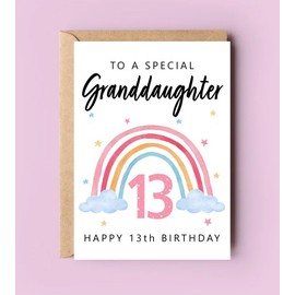 Happy 13Th Birthday To A Special Granddaughter Card - Rainbow Cute Card - Granddaughter's Thirteenth Birthday - Age 13 - Thirteen Year Old - Getting Card - Gifts For Granddaughter From Grandparents