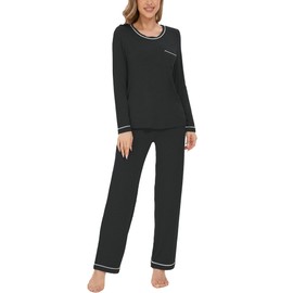 GYS Women's Bamboo Viscose Pajamas Set Long Sleeve Crew Neck Sleepwear Super Soft Pjs Lounge Sets, Black, XX-Large