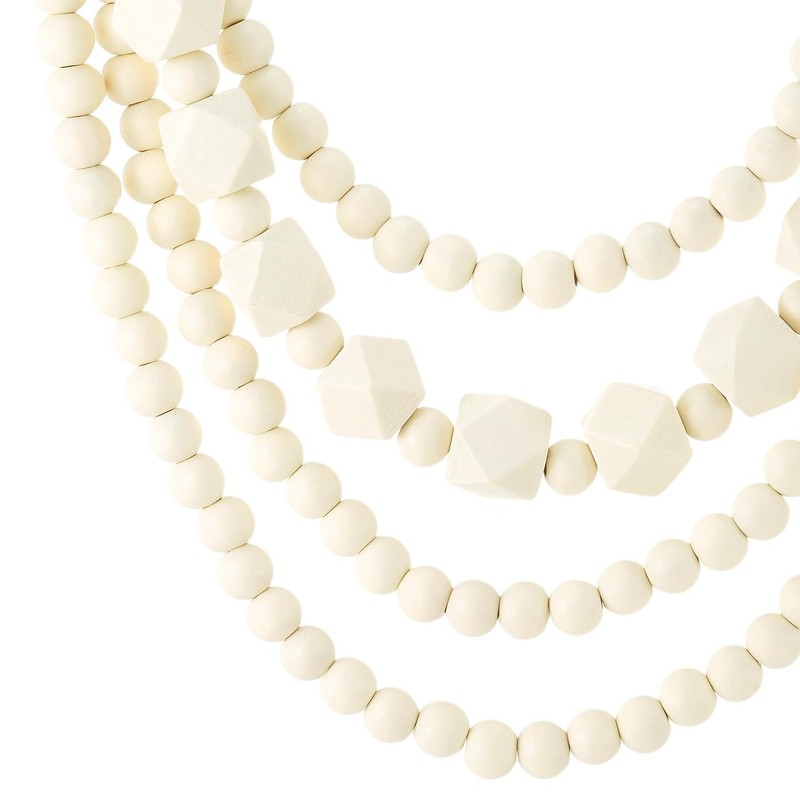 COOLSTEELANDBEYOND Layered Cream Bead Statement Necklace Round and Faceted Wood