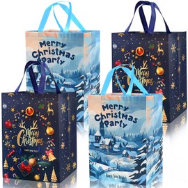 Topeedy 4 packs large Size Xmas Gift Bag,41 * 30 * 18cm Reusable Christmas tote Bag with Handles for Xmas Party Presents-blue and gold