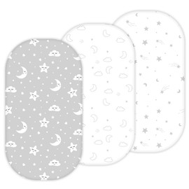 TansyPanda Bassinet Sheets for Munchkin Brica Pod, 4moms MamaRoo, Nordmiex, Beberoad Travel Bassinet, 3PC, 18 x 30 Inch, Ultra Soft, Breathable, Snug Fit, Unisex Boys and Girls (Moon, Stars, Clouds)
