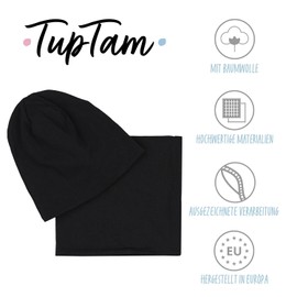 TupTam Boys' Beanie Hat Tube Scarf Children Set of 2 Autumn Winter Lined Hat Transition Hat with Loop, Jersey two-ply - black