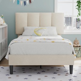 VECELO Twin Bed Frame with Upholstered Headboard, Heavy-Duty Platform Bedframe with Strong Wooden Slats Support, No Boxing Spring Needed, Pale Beige