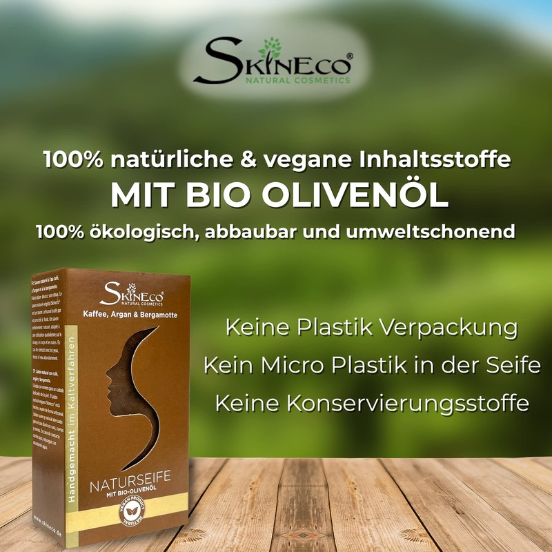 Skineco Natural Soap - with Bergamot, Argan, Coffee & Organic