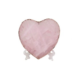 AMOYSTONE Large Heart Stone Rose Quartz Healing Crystals Birthday Gifts for Women, Natural Reiki Meditation Pink Crystal Gilded Edge Heart Shaped 3.5-4"/pc with Plastic Bracket