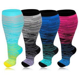 4 Pairs Plus Size Compression Socks for Women & Men, 20-30 mmHg Wide Calf Extra Large Knee High Compression Stockings for Circulation Support (01-Red-Gray-Navy-Blue, XXL)