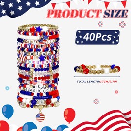 40 Pcs Independence Day Bracelets Set, Red White Bblue Fourth of July Accessories Clay Stretch Stackable Friendship Bracelet for Women, Party Favors Jewelry Gift Party Supplies