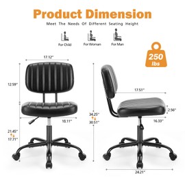 Sweetcrispy Small Office Desk Chair with Wheels Armless Comfy Computer Chair with Lumbar Support, PU Leather Low Back Adjustable Height 360° Rolling Swivel Task Chair Without Arm for Home, Bedroom