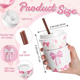 Jingmore 100 Set Pink Bow Coffee Cups Bow Disposable 12 oz Paper Cups with Lids, Straws and Pink Paper Sleeves for Party Drinks Mother's Day Wedding Birthday Baby Shower Supplies