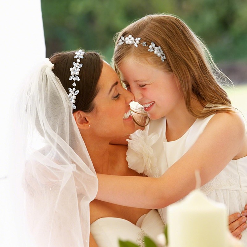 Pearl Crystal Bridal Hair Vine with Ribbon Ties, Silver Wedding