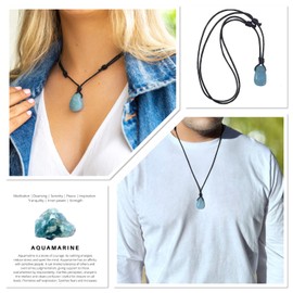 Luck Strings - Colgante de piedras preciosas de aguamarina, joyería de vidrio de berilo genuino para hombres y mujeres, tamaño ajustable, piedra natal de marzo, Adjustable - opens from 16" to 32" inches, Gema, Aguamarina