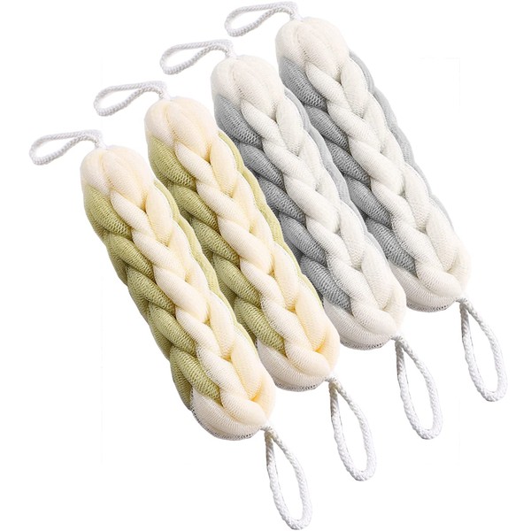 AARAINBOW 2 Packs Upgraded Long Stretch Back Sponge with Rope Handles Back Scrubber Bath Shower Mesh Sponge Exfoliating Body Scrub Stretch Braided Loofah for Men and Women (2 Gray+2 Green)