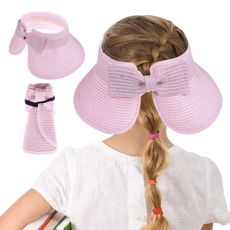 Girls Roll Up Straw Sun Visor, Wide Brim UV Protection