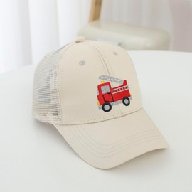 Besforta Cute Fire Engine Embroidery Children's Baseball Caps Adjustable Washed Baseball Hats for Boys Girls, Mesh Fabric Beige