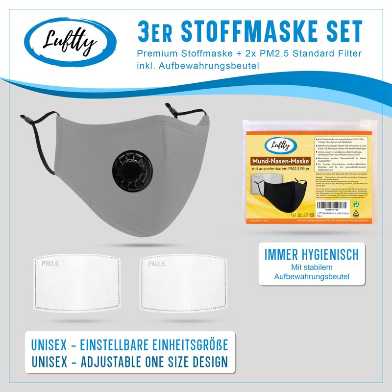 Luftty Mask with Valve, Adjustable Ear Loops and Nose Bridge,