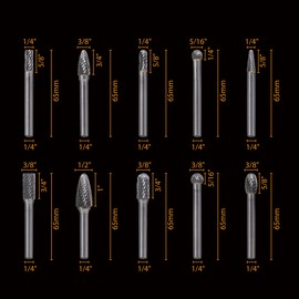 Jerax tools Carbide Cutting Burr Set 1/4 Inch Shank 10pcs Cutting Burr Rotary Files Set with Plastic Case Metal Wood Stone Hole Deburr Contouring Surface Milling Cleaning Grinding Engraving