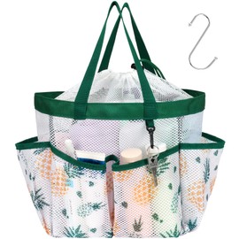 F-color Mesh Shower Caddy Portable with Drawstring - Upgrade Deeper 7 Pockets Dorm Room Essentials for Guys Girls with S Hook, Shower Bag Basket Tote for College Camping Bathroom, Green Pineapple