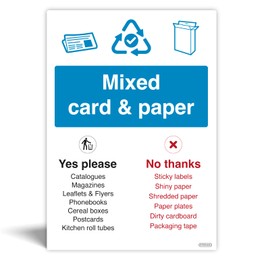 Pack of 2 Mixed card and paper WRAP Recycling Bin Signs - Waterproof Indoor/Outdoor Vinyl Stickers - Wheelie Bin and Waste Containers Signs - Recycling Signs with symbols