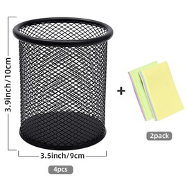 Qualsen Pencil Cups 4 PCS Pen Holder Wire Mesh Pen Organizer with Sticky Notes Round Metal Crayon Holder Desk Cup Holder for Office and School (Sliver)