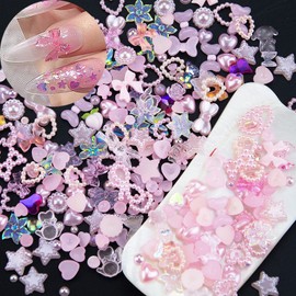 300Pcs Assorted Pink Pearl Nail Charms Acrylic Multi Shapes Pink Heart Flower Butterfly Bowknot 3D Nail Charms Pink Heart Star Bow Pearls Nail Charms for Manicure DIY Crafts Jewelry Accessories