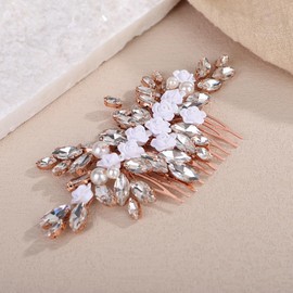 Teyglen Flower Rhinestone Wedding Hair Comb Floral Crystal Hair Piece Rose Gold Crystal Hair Side Comb Flower Bridal Headpiece Hair Accessories for Women (Rose gold)