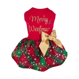 Fitwarm Merry Woofmas 100% Cotton Dog Christmas Outfits Girl Dog Holiday Dress Lightweight Doggie Costume Puppy Clothes Pet Apparel with Bowknot Cat Clothing Red Large