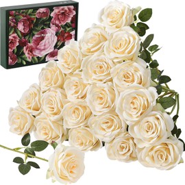 Faylifeway 20PCS Artificial Roses Flowers, 3.9'' Silk Flower Head Fake Champagne Rose with Long Stems, Realistic Faux Roses Bouquet for DIY Wedding Home Party Office Decoration