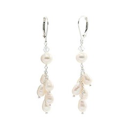 Sterling Silver Lever- back Earrings with Cascading Waterfall White Cultured Freshwater Pearls and.Aurora Borealis Crystals (4.5-5 mm)