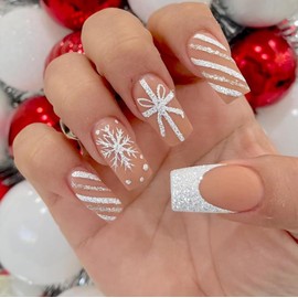 Christmas Press on Nails Medium Fake Nails Matte Glue on Nails Silver Glitter Snowflake Acrylic Nails Sparkly Bow Stripe False Nails Glue on Nails Silver French Tips Stick on Nails for Women 24Pcs