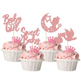 24 piezas de decoración para cupcakes de bebé niña dulce oro rosa con purpurina luna estrella baby shower cupcakes decoraciones para revelar género baby shower niños niñas suministros de fiesta de cumpleaños
