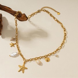 TONLUYAX Gold Starfish Necklace for Women Charms Baroque Pearl Shell Necklace Summer Conch Beach Jewelry
