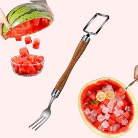 Watermelon Cutter Slicer Tool, 2-In-1 Stainless Steel Watermelon Cutter, Watermelon Slicer Cutter Tool with Wood Handle, Fruit Cutter Watermelon Fork Kitchen Gadgets 2024, Watermelon Slicer