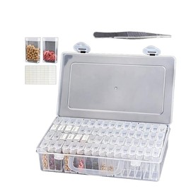 Caja Compartimentos Plastico, 64 Compartimentos Transparente Organizador Extraíble Caja de Almacenamiento con Pegatinas y Pinzas para Semillas Joyas Diamond Painting Accesorios