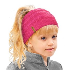 TOSKATOK Girl's Thermal Teddy Fleece Lined Ponytail Beanie Hat-Cerise