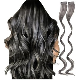 2 x Clip-In Hair Extension Highlights Streaks, Colourful Hair Highlights (Curly Dark Grey x 2)
