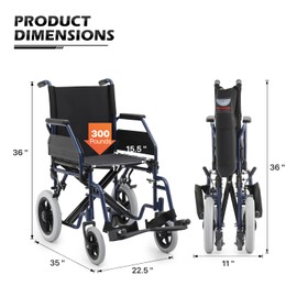 MoNiBloom Wheelchairs for Adults, Swing-Away Foot Rest and Parking Brake Folding Transport 17” Wide Seat Wheel Chair with Storage Pouch for Adults Seniors Use, 300lbs Capacity, Blue