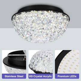 Bekada 12’’ Modern Crystal Chandelier, LED Flush Mount Ceiling Light Fixture, 3/4/5000K Dimmable Ceiling Lamp for Dining Room, Entryway, Kitchen, Closet, Living Room, Bedroom, Hallway ETL Listed Black