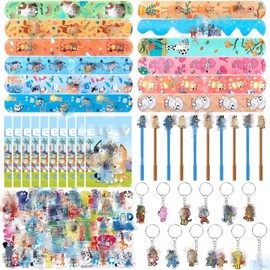 94Pcs Party Mitgebsel Kindergeburtstag Spielzeug Set mit 50 Aufkleber 12 Schlüsselanhänger 10 Geschenktüten 12 Schnapparmband 10 Gel Stift Mitbringsel Geschenk Kinder Party Zubehör Geburtstag Deko
