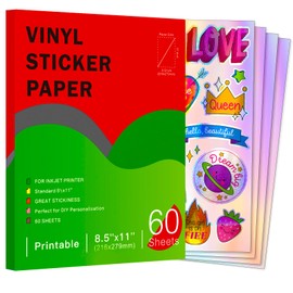 Holographic Printable Vinyl Sticker Paper for Inkjet Printer - 60 Sheets - 8.5" x 11" - Waterproof Labels Paper, Dries Quickly,Vivid Colors,Tear Resistant,DIY Sticker Paper for Drawing