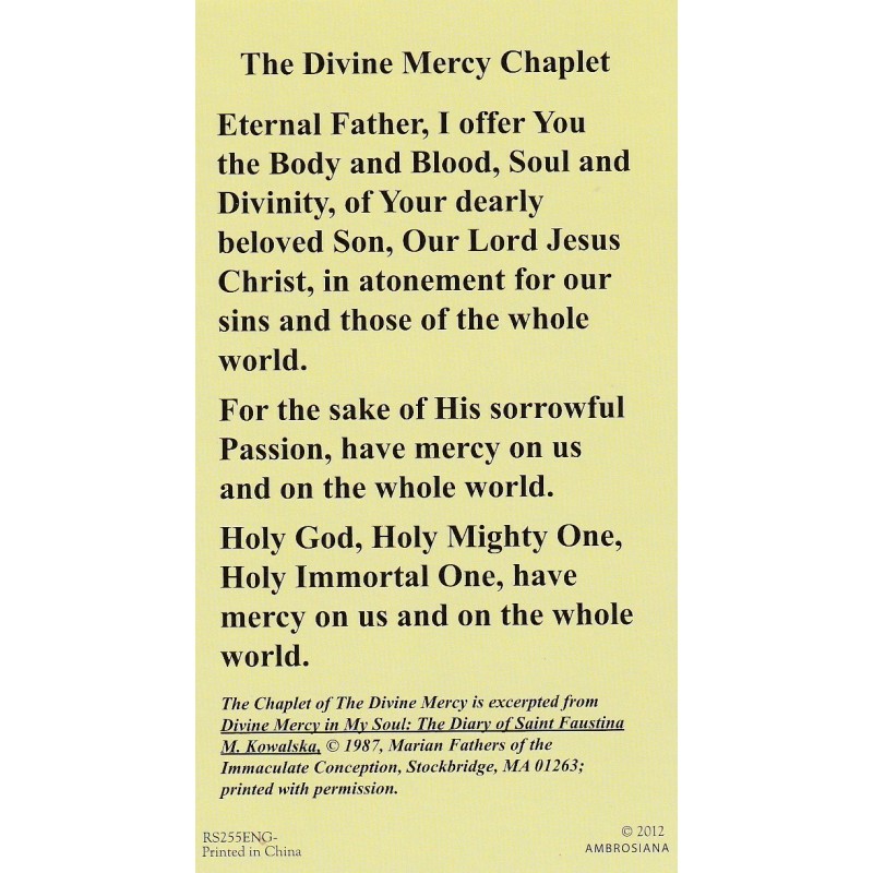 +Holy Card-"Divine Mercy Chaplet" (Jesus I Trust In You) *Prayer-