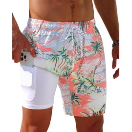 Gleeease Mens Swim Trunks 7 Inch with Compression Liner 2 in 1 Swim Shorts Stretch Quick Dry Bathing Suits with Pockets