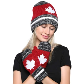 Belle Dame Maple Leaf Canadian Themed Winter Beanie Hat Mittens Gloves Set Warm Knit with Fleece Lined (HT501/GL501)