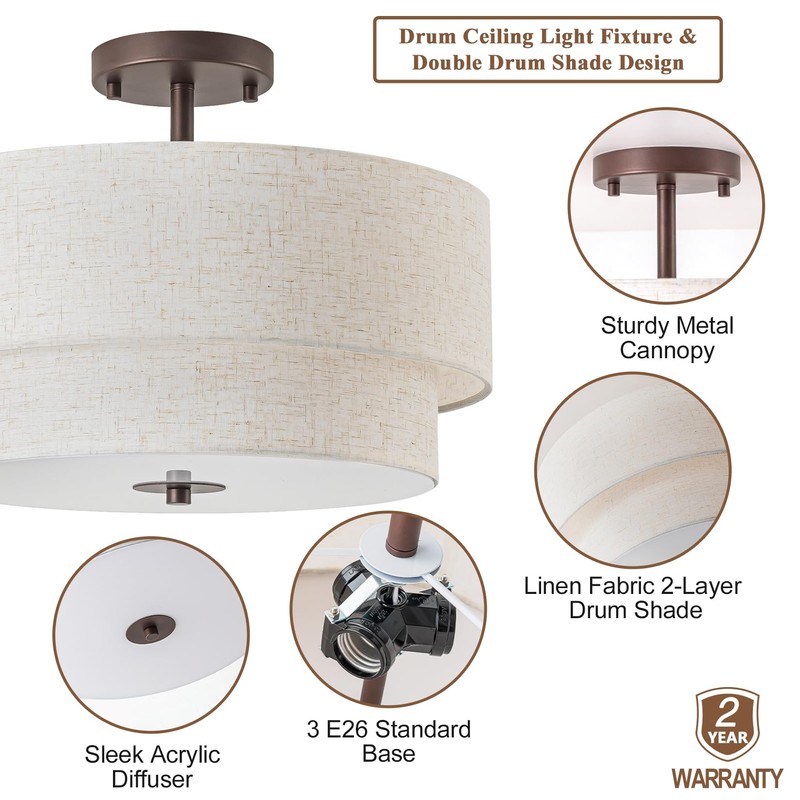 Bargeni 16" Semi Flush Mount Ceiling Light, 3-Light Drum Ceiling