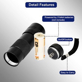 Kunova (TM) UV Flashlight Black Light 12 LED 395nm Hand-held Detecting Torch for Pet Urine, Stains, Verifying Money Documents, Black