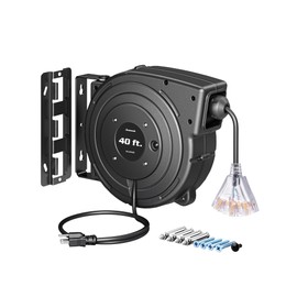 DEWENWILS Extension Cord Reel, 40FT Retractable Cord Reel, 12/3AWG SJTOW, Lighted Triple Tap Outlets, 15 Amp Circuit Breaker, Ceiling/Wall Mount, UL Listed