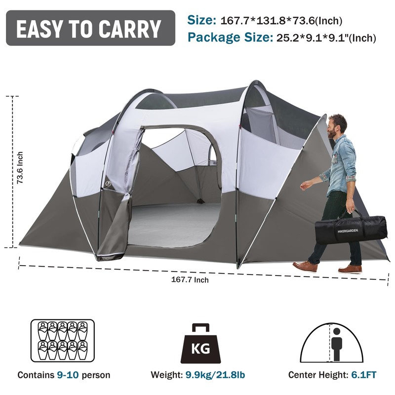 HIKERGARDEN 10 Person Tents for Camping Family Outdoor Dome Tent