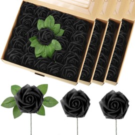 Luinabio 100 Pcs Artificial Flowers Real Looking Rose Flowers Foam Fake Roses with Leaves and Stems for DIY Wedding Bouquets Centerpieces Bridal Shower Party Home Decor(Black)