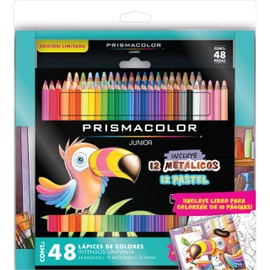 Prismacolor Junior Kit de 48 Lápices de Colores + Libro para Colorear, con 24 Clásicos, 12 Pasteles y 12 Metálicos, minas suaves y resistentes, ideal para dibujo y creatividad infantil